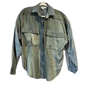 Women Vintage Silk Button Up Shirt Blouse Tie Dye Indie Green Utility Classi